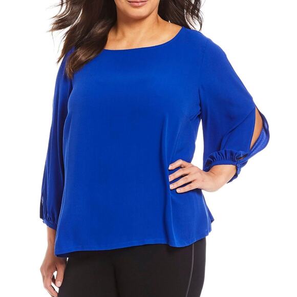 Eileen Fisher 100% Silk Split Sleeve Blouse Top Size L Royal Blue Relaxed Fit - Picture 1 of 9
